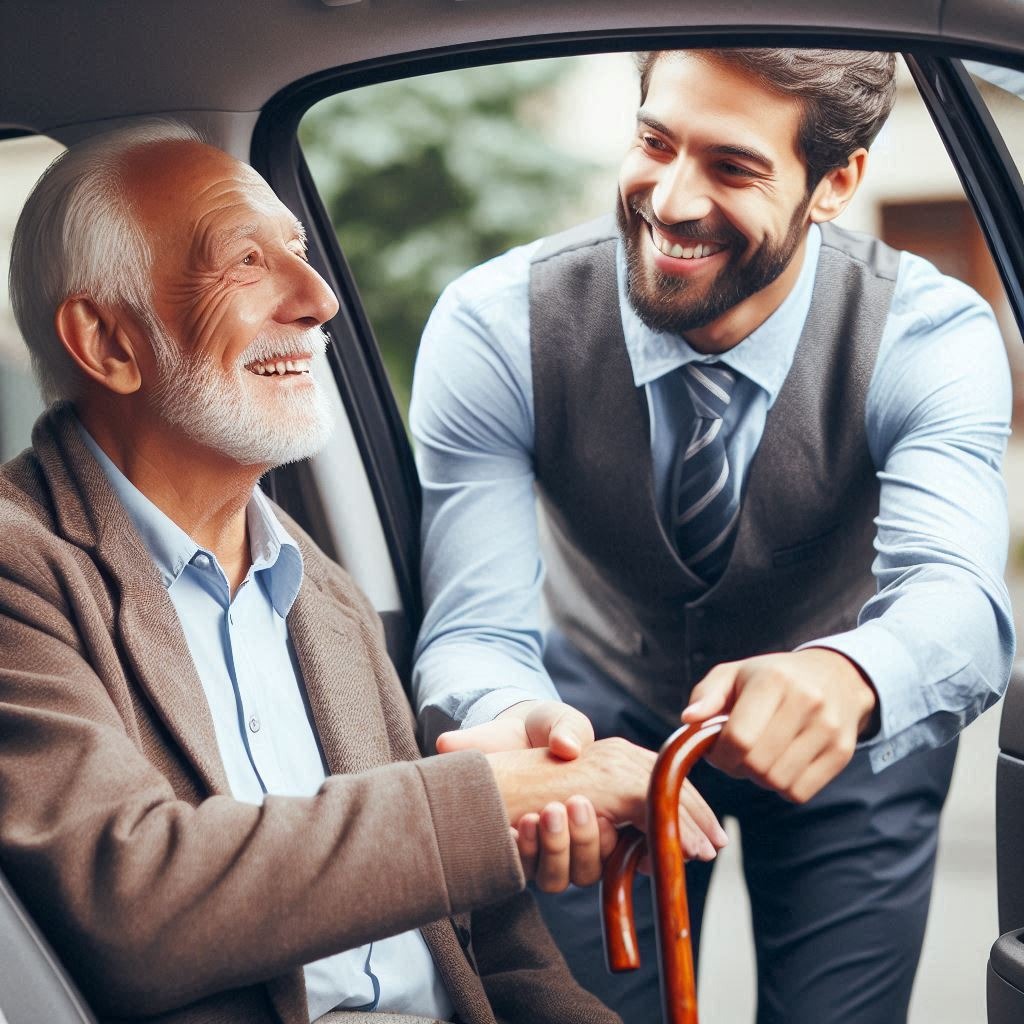 Professional driver assisting a patient safely into a luxury sedan for a non-emergency medical appointment in Dallas